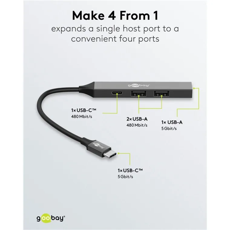 GOOBAY SLANKE USBHUB MET 4 POORTEN, USBC NAAR USBC/USBA, 5 GBIT/S (LICHTGRIJS)