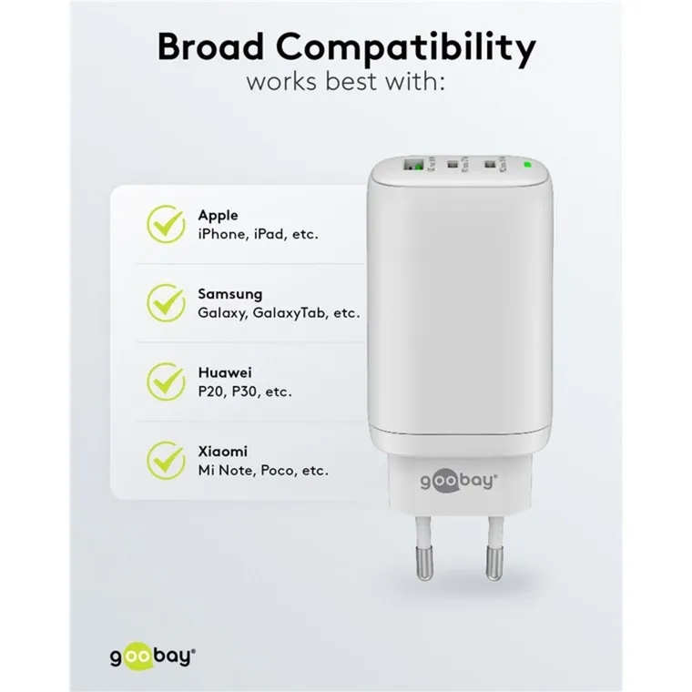 GOOBAY USBC PD GAN MULTIPORT SNELLADER (65 W) (WIT, 2X USBC, 1X USBA, POWER DELIVERY, QUICKCHARGE)