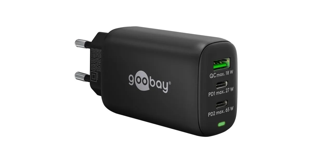 GOOBAY USBC PD GAN MULTIPORT SNELLADER (65 W) (ZWART, 2X USBC, 1X USBA, POWER DELIVERY, QUICKCHARGE)