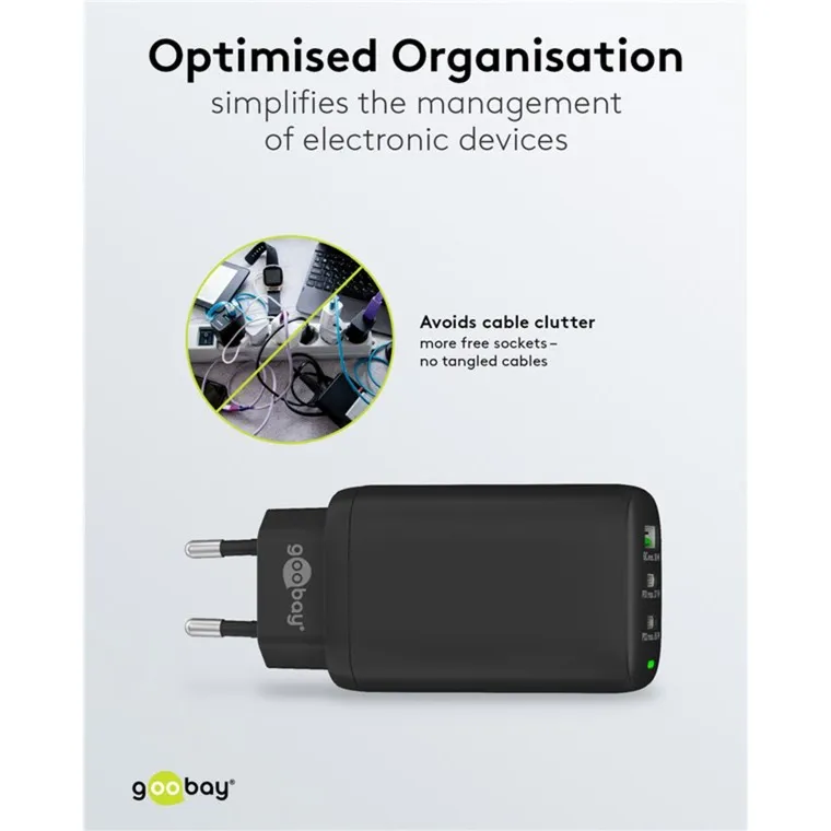 GOOBAY USBC PD GAN MULTIPORT SNELLADER (65 W) (ZWART, 2X USBC, 1X USBA, POWER DELIVERY, QUICKCHARGE)
