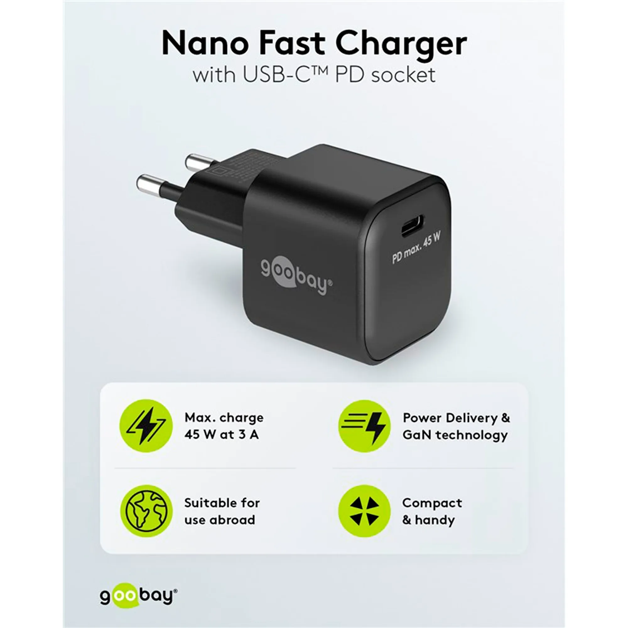 GOOBAY USBC PD GAN SNELLADER NANO (45 W)  (ZWART, 1X USBC, POWER DELIVERY 3.0)
