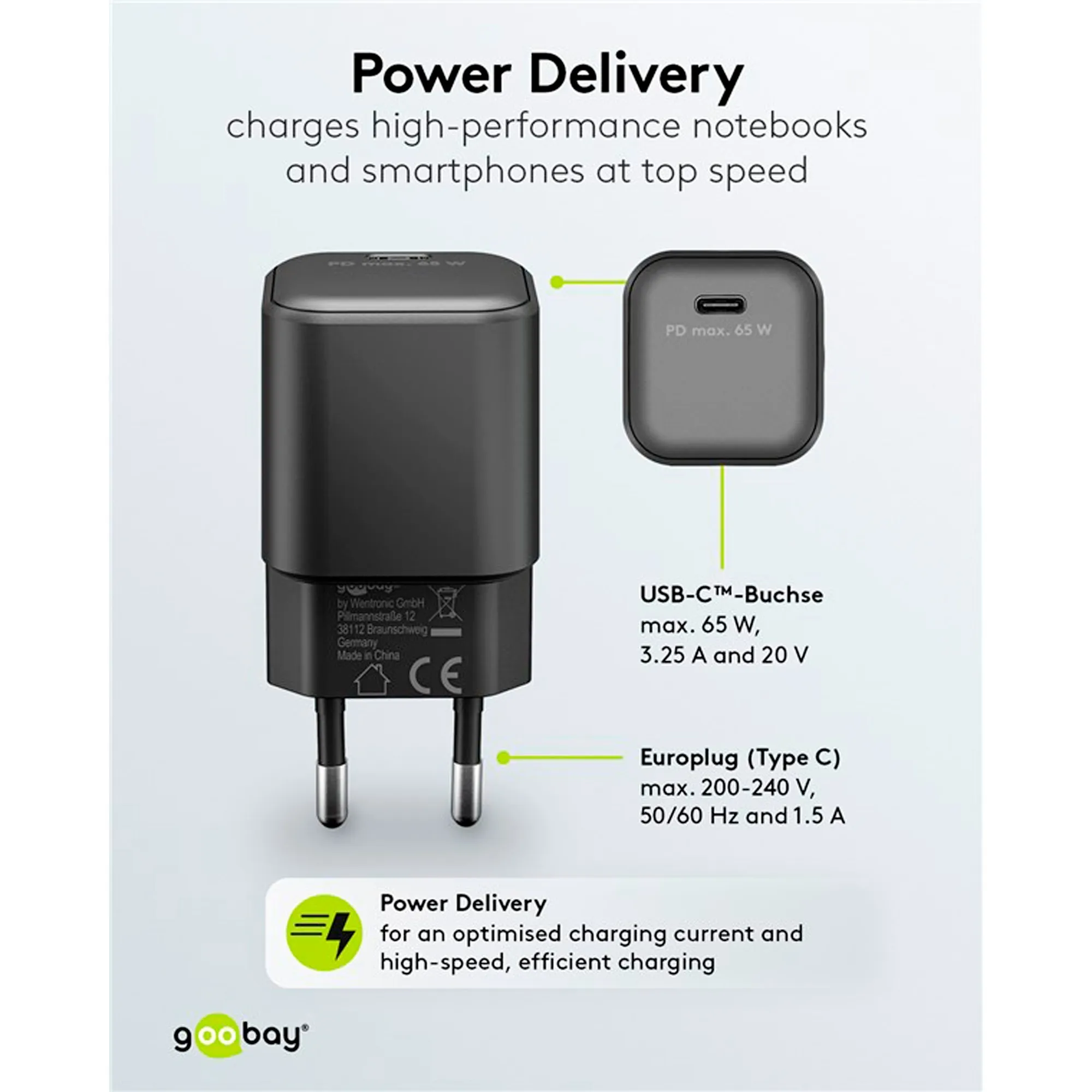 GOOBAY USBC PD GAN SNELLADER NANO (65 W)  (ZWART, 1X USBC, POWER DELIVERY 3.0)