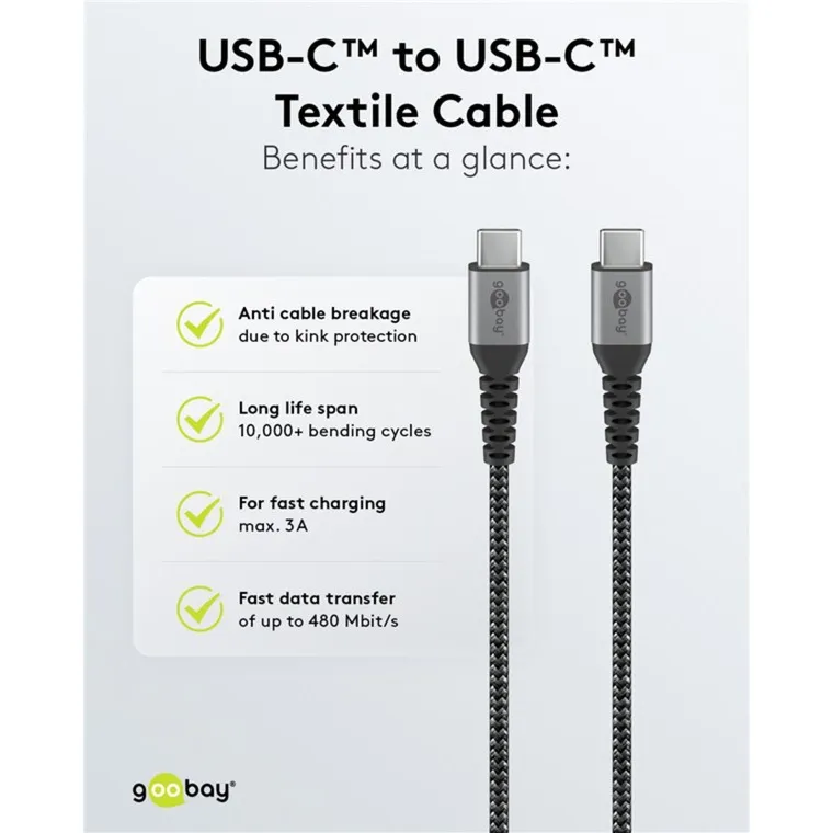 GOOBAY USBC SNELLADER NANO (65 W) EN USBC TEXTIELKABEL (ZWART, 1 METER)